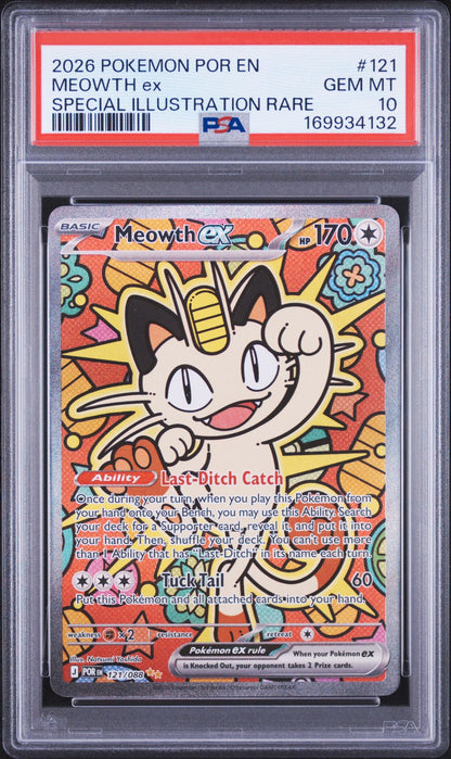 Graded 2026 Pokemon Perfect Order 121 Meowth ex-Special Illustration Rare PSA 10 cert 169934132