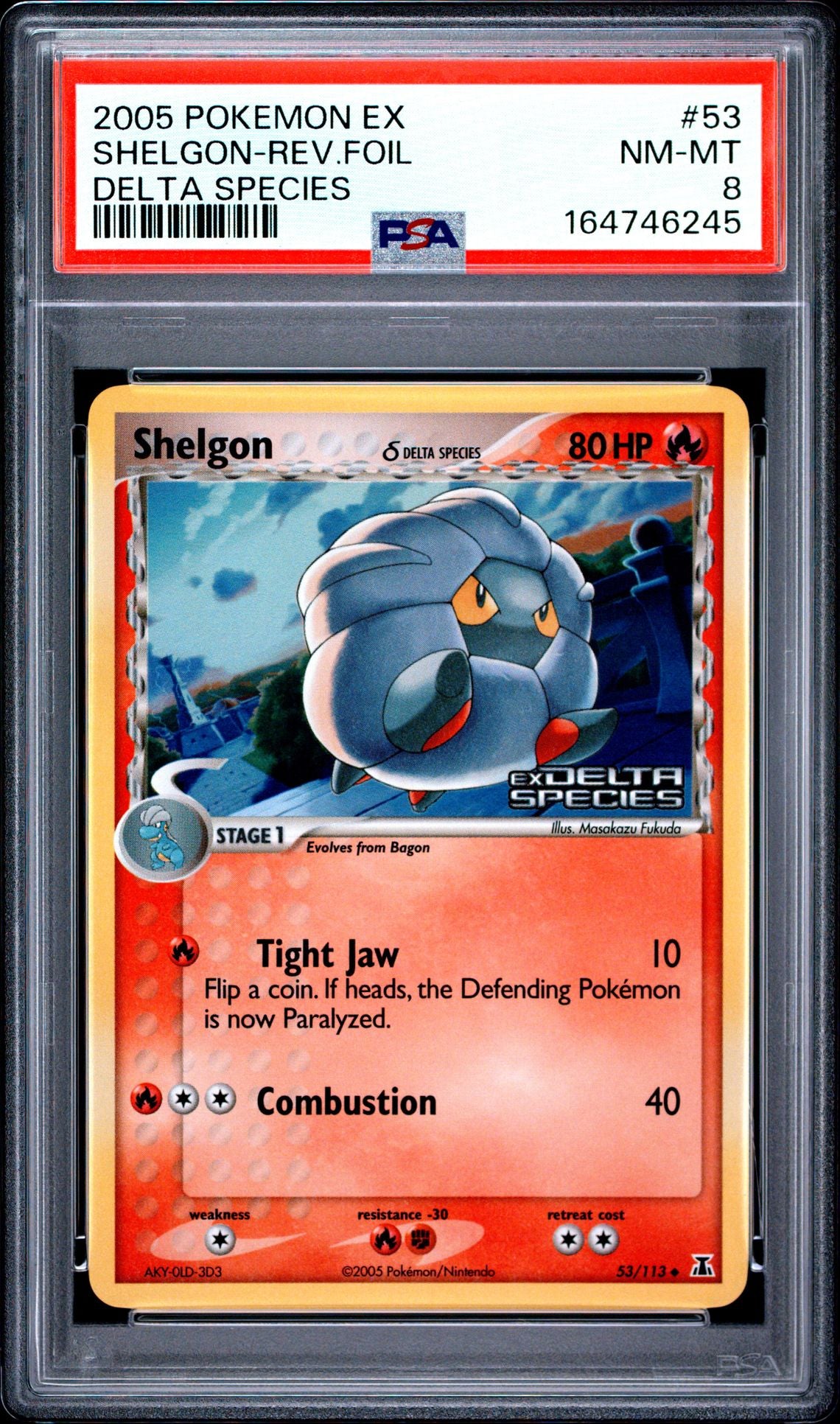 2005 POKEMON EX DELTA SPECIES 53 SHELGON-REVERSE FOIL PSA 8